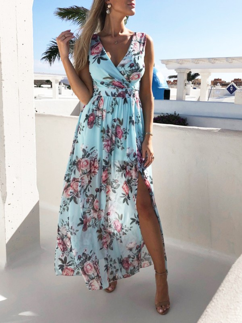Robe Fendue Imprimé Col V en Chiffon