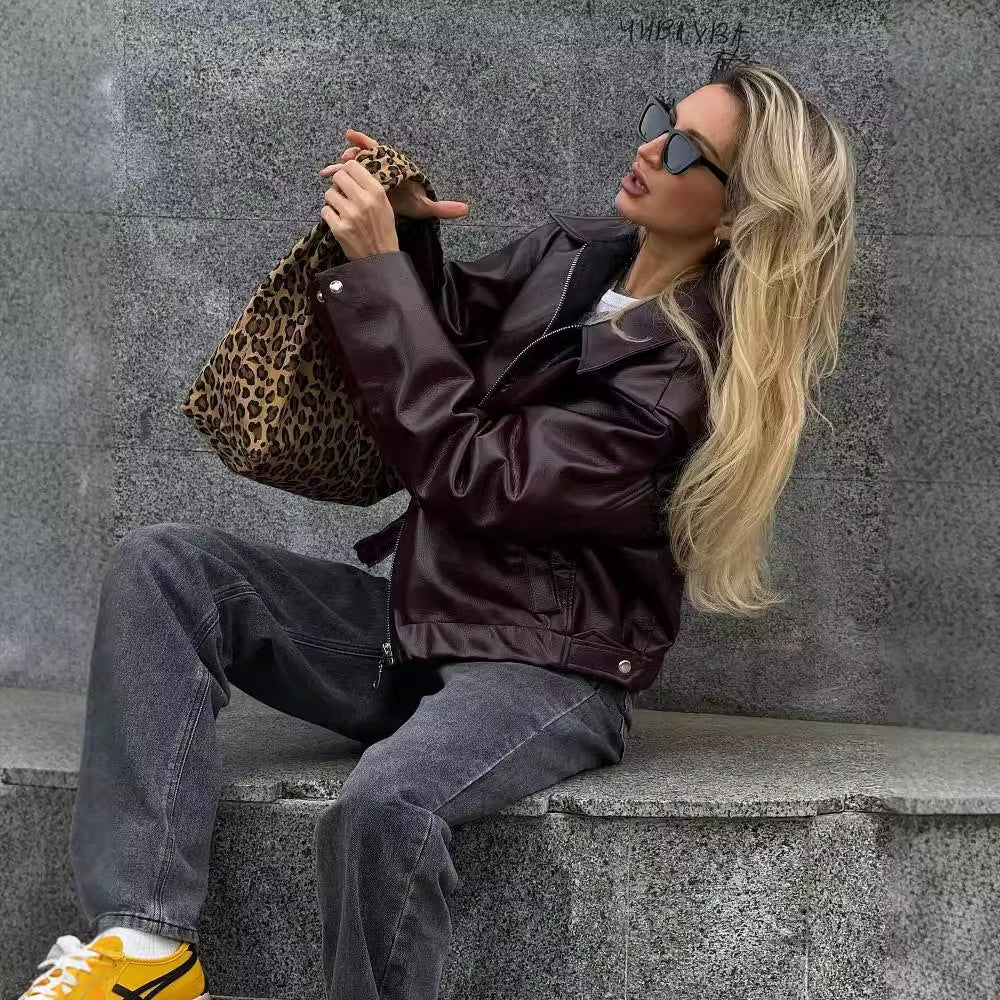 Veste en Cuir à Col Revers et Fermeture Éclair pour Femme