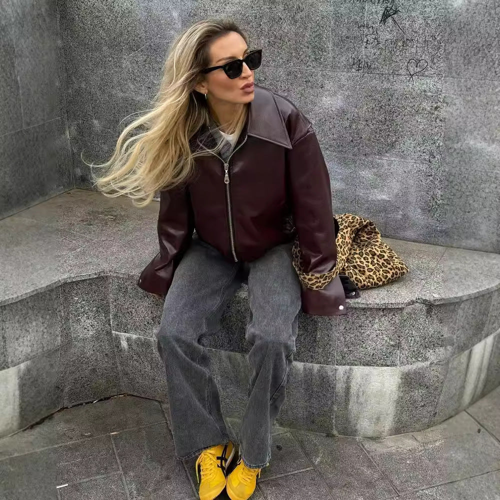 Veste en Cuir à Col Revers et Fermeture Éclair pour Femme