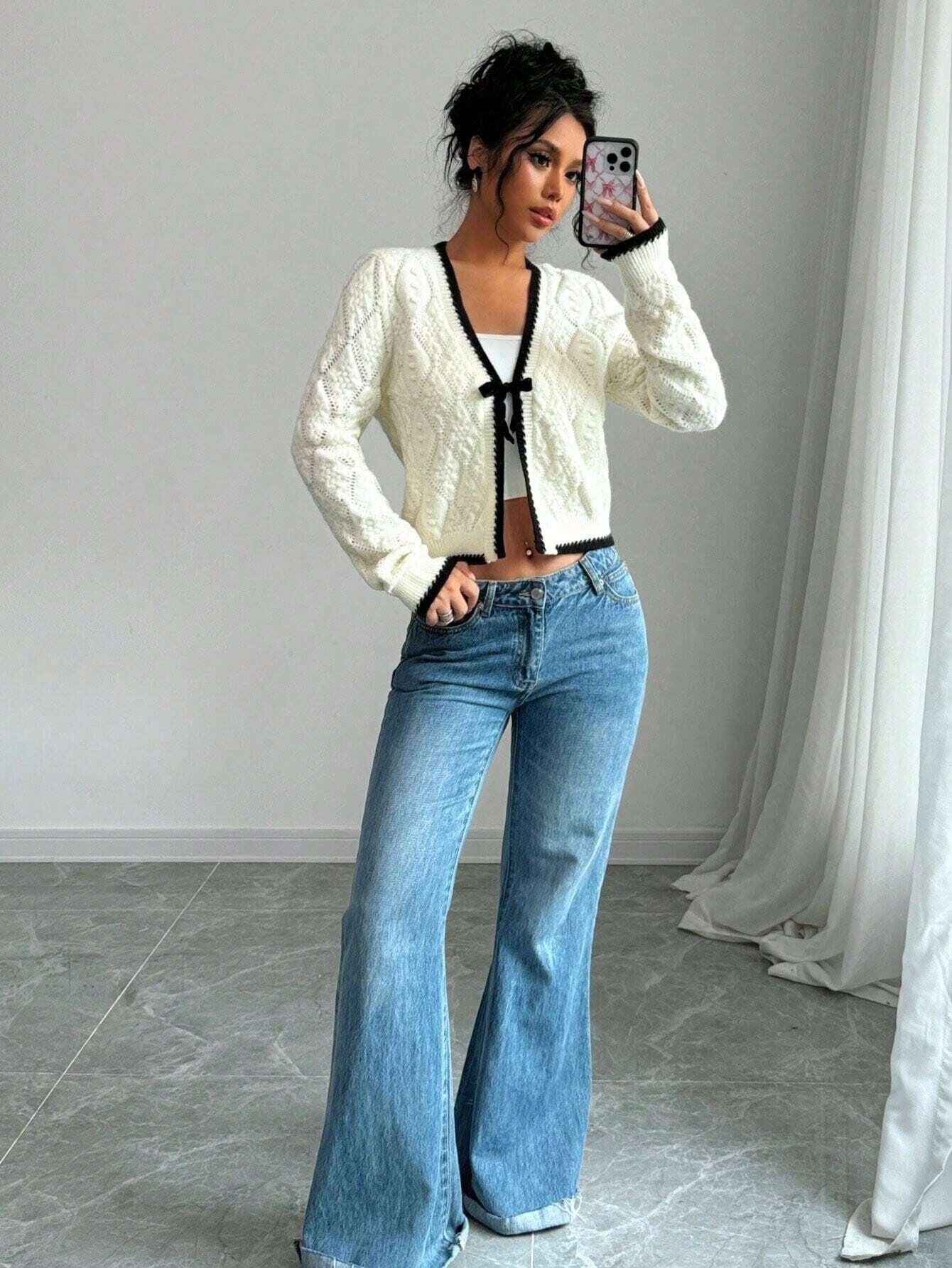 Veste Tricotée Décontractée à Nœud Élégant