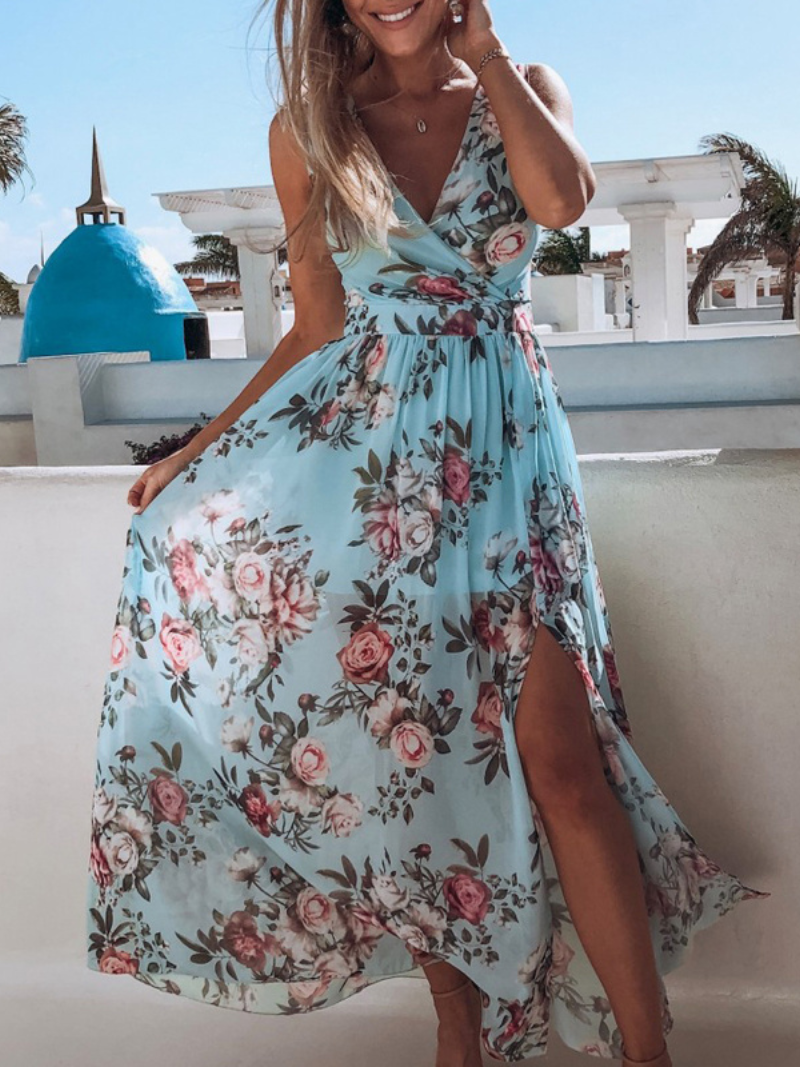 Robe Fendue Imprimé Col V en Chiffon