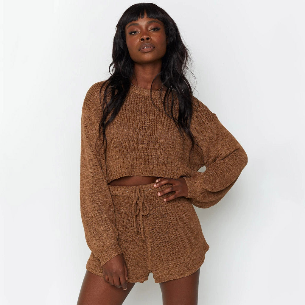 Independent station hot autumn and winter sweater long sleeve suit Amazon cross-border new home solid color shorts two-piece suit