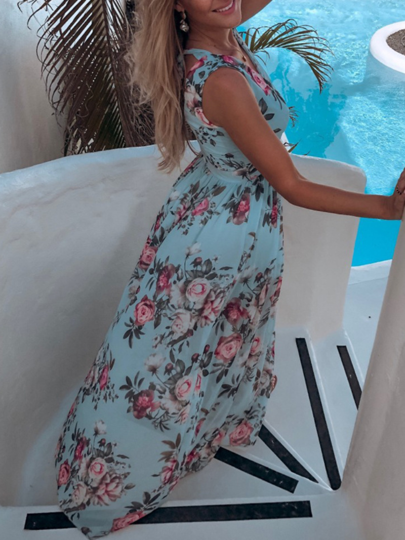 Robe Fendue Imprimé Col V en Chiffon
