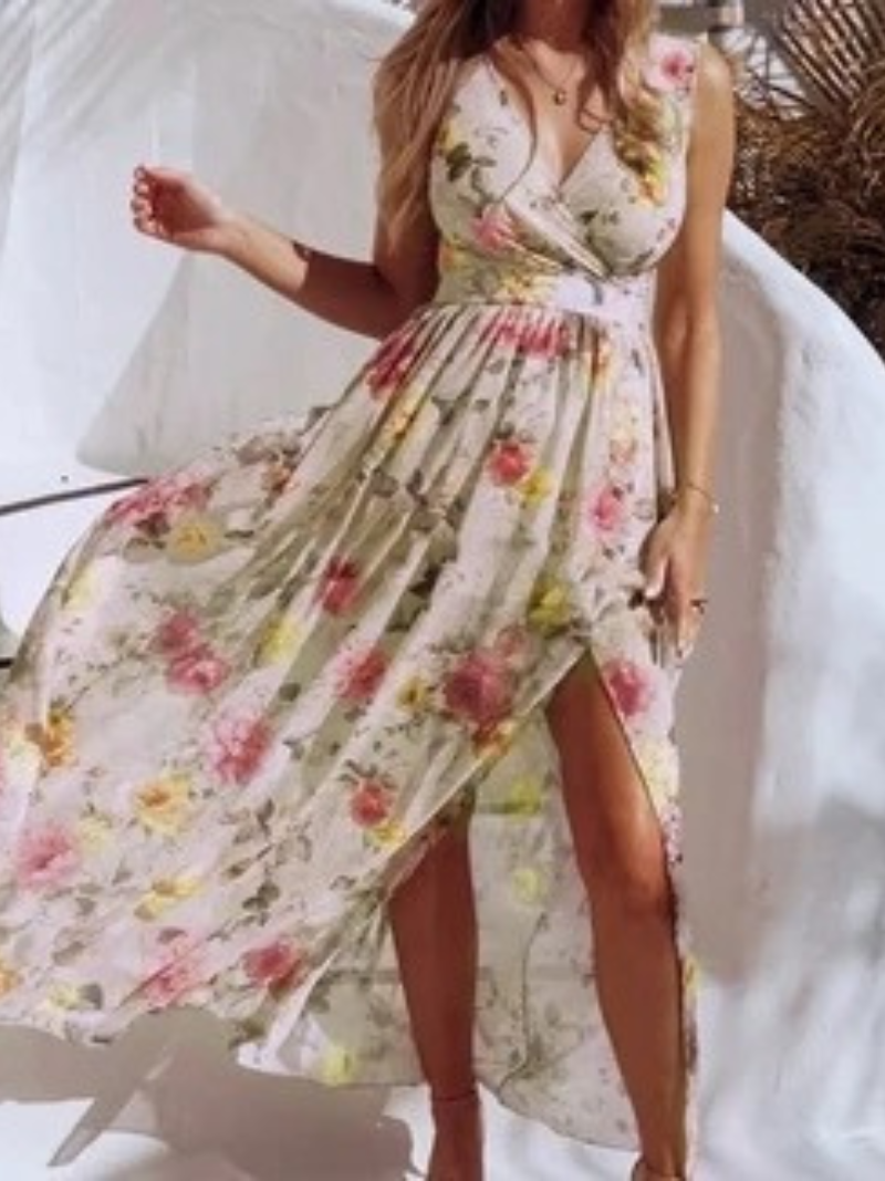 Robe Fendue Imprimé Col V en Chiffon