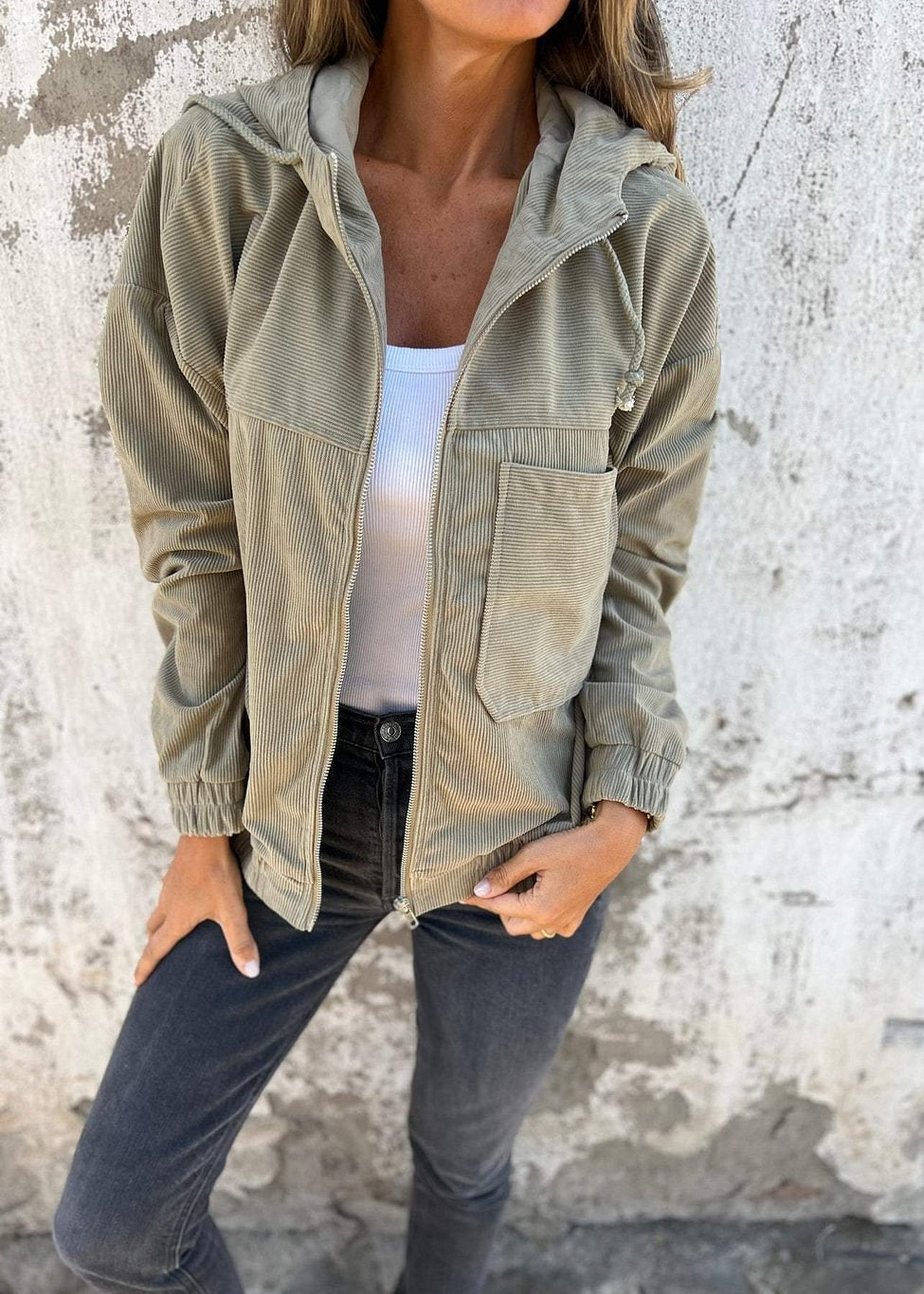 Veste Velours Zippée à Capuche