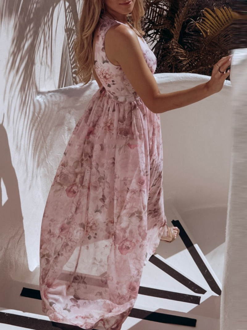 Robe Fendue Imprimé Col V en Chiffon