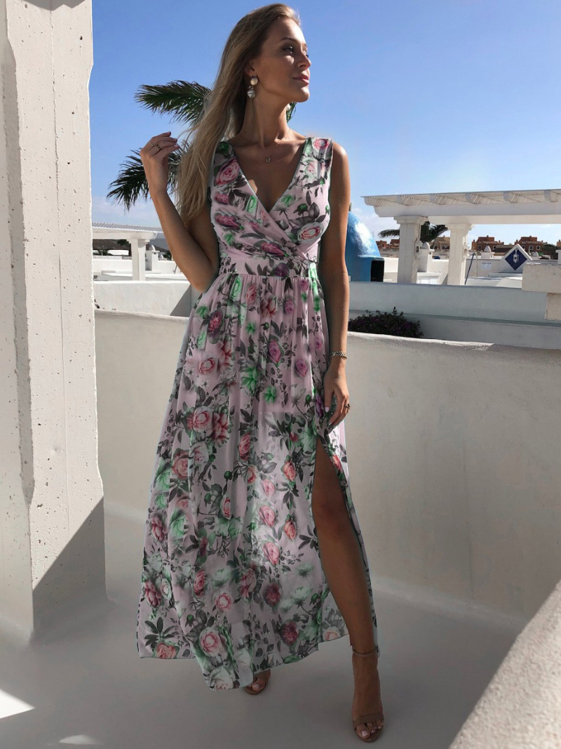 Robe Fendue Imprimé Col V en Chiffon