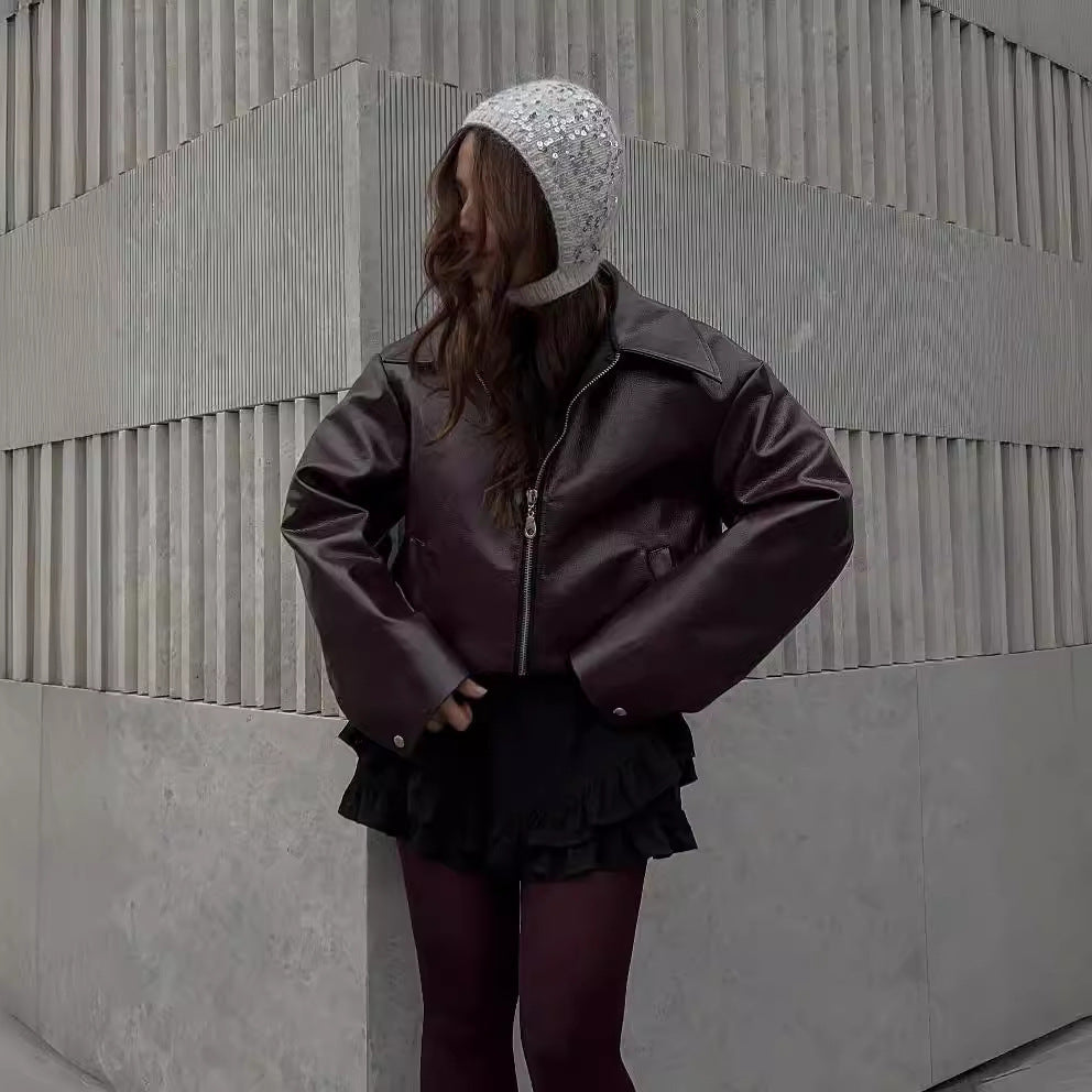 Veste en Cuir à Col Revers et Fermeture Éclair pour Femme