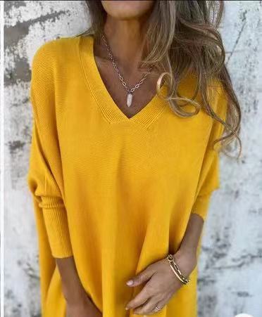 Chemise Longue Tricotée à Manches Longues Jaune