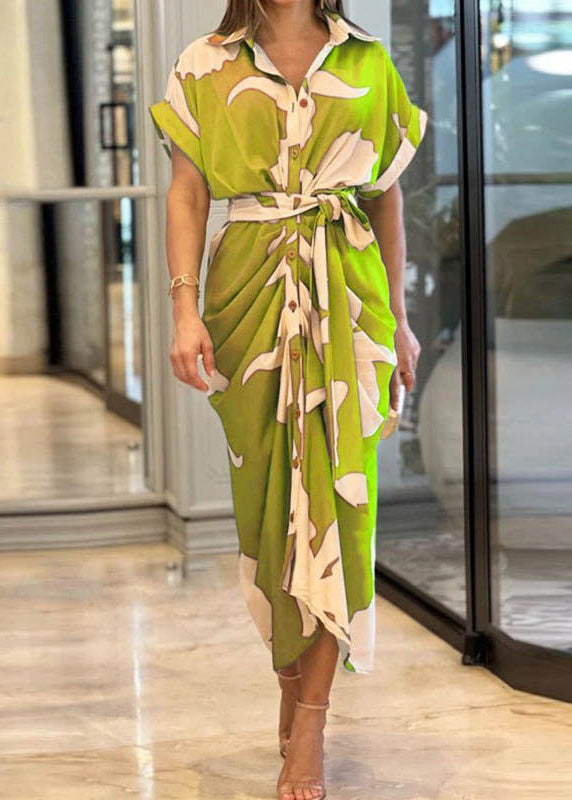 Robe chemise élégante imprimée ceinturée Jaune