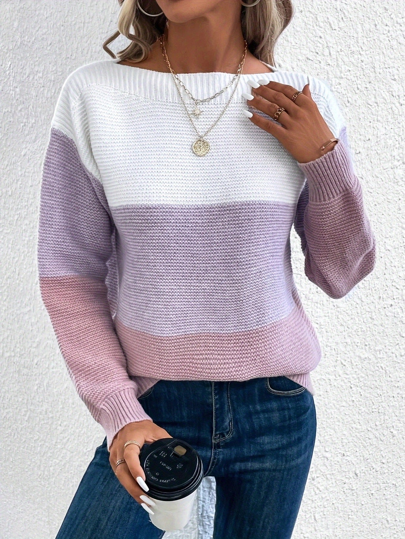 Pull Tricoté à Col Rond avec Détails en Tricot pour Femme