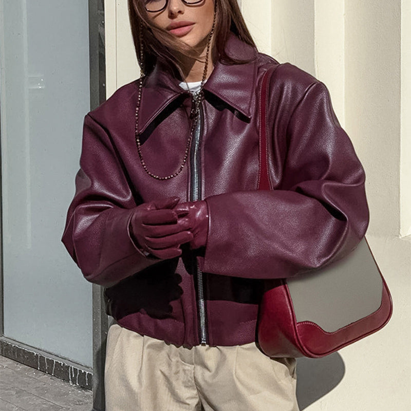 Veste en Cuir à Col Revers et Fermeture Éclair pour Femme