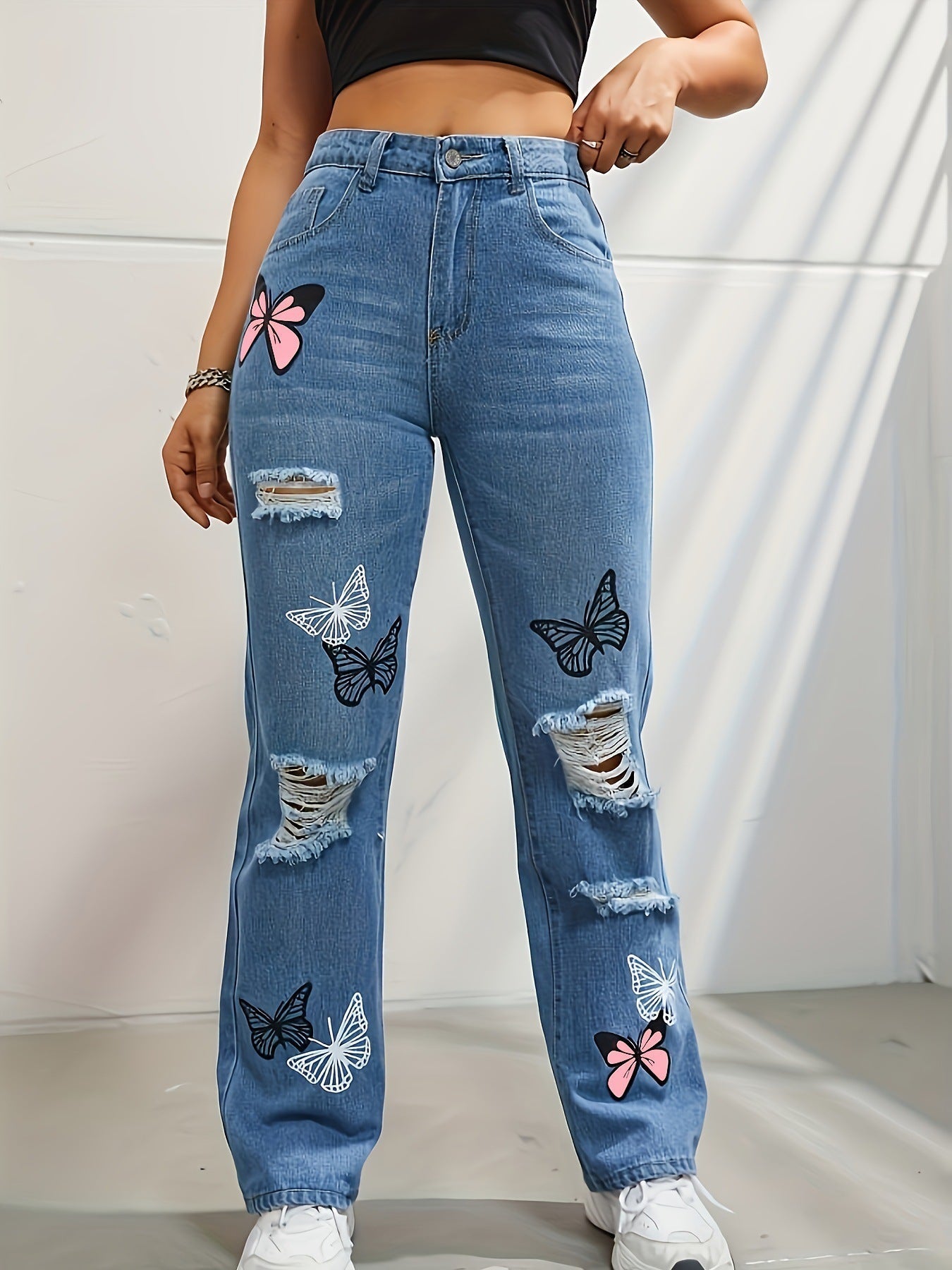 Jean Taille Haute à Imprimé Papillon & Effet Usé