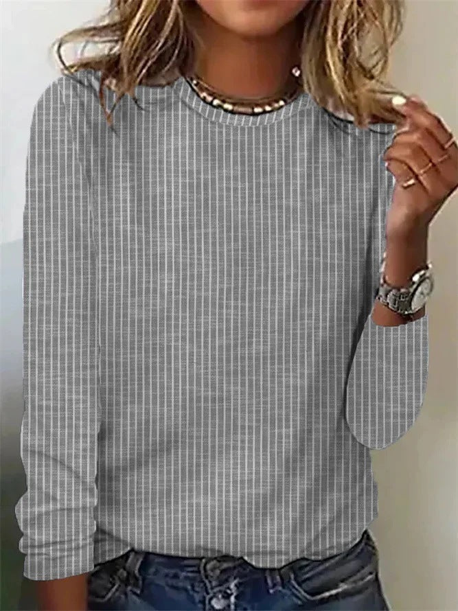 Loose Solid Color Striped Round Neck T-shirt For Women Gray
