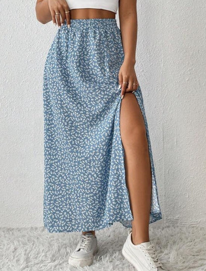 Jupe Fleurie Taille Haute à Fente Élégante Bleu Paon