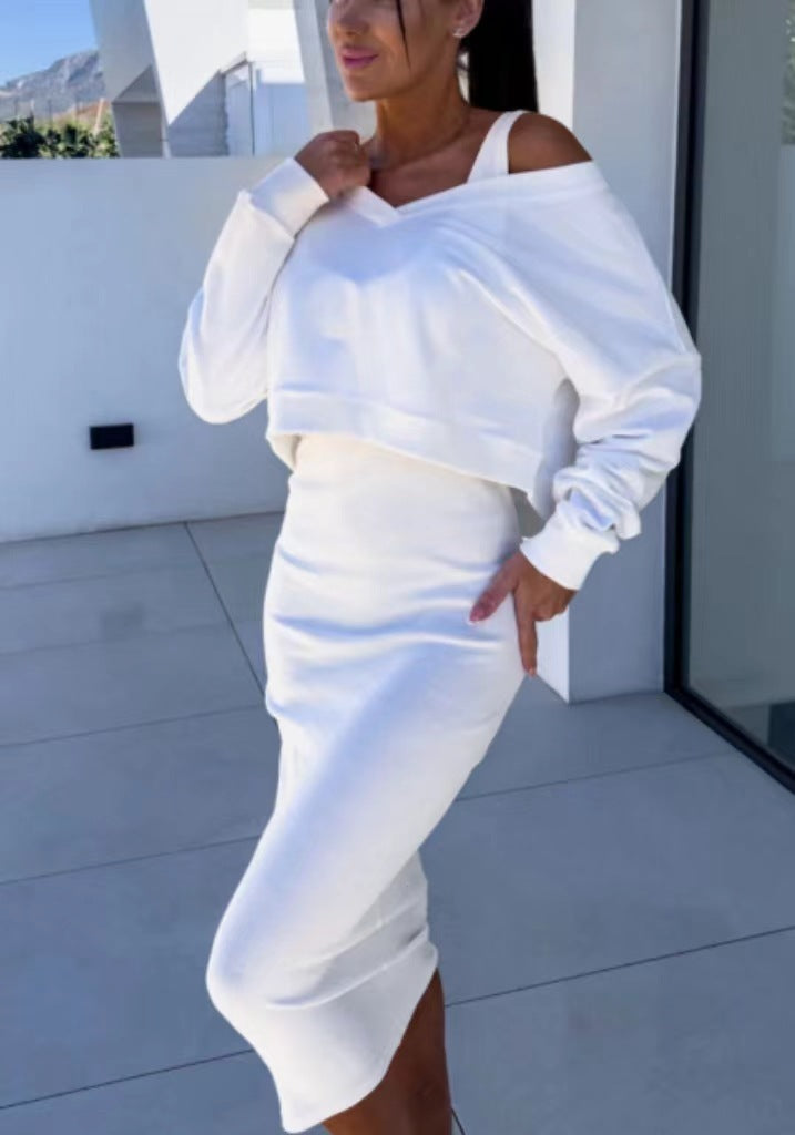 Robe Sans Manches et Pull Col V Mode 2025 Blanc