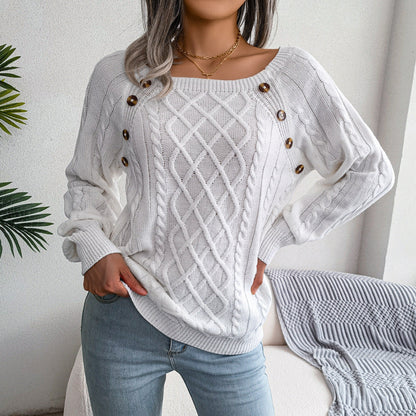 Léna Douceur Élégante - Pull Tricot à Col Carré Blanc