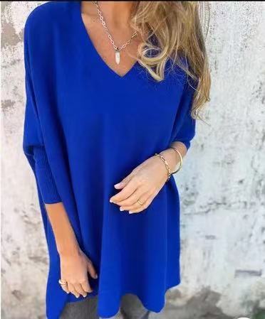 Chemise Longue Tricotée à Manches Longues Bleu