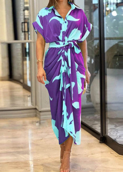 Robe chemise élégante imprimée ceinturée Violet