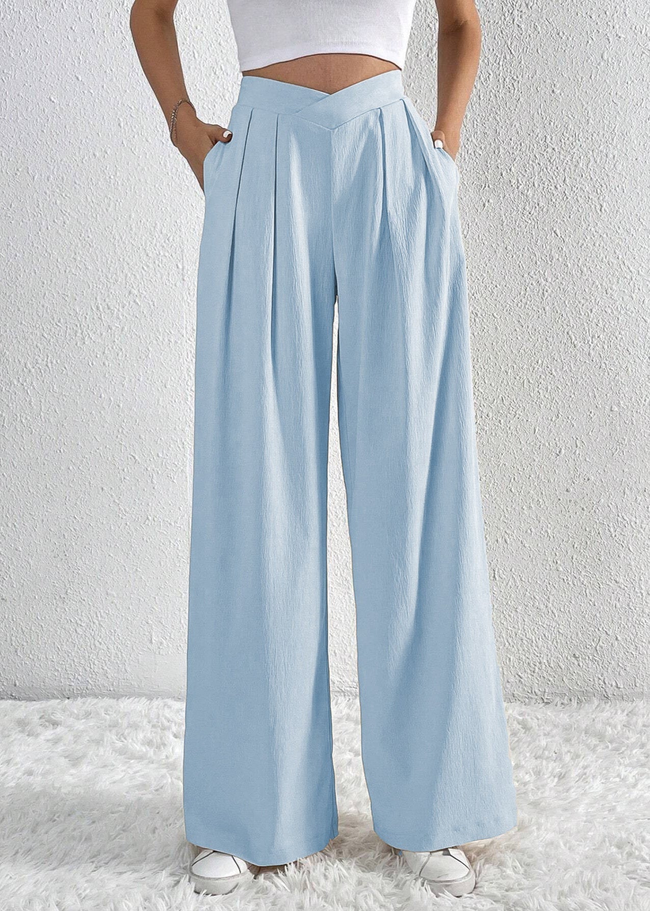 Pantalon large plissé femme été Bleu clair