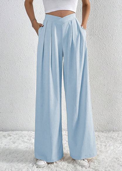 Pantalon large plissé femme été Bleu clair