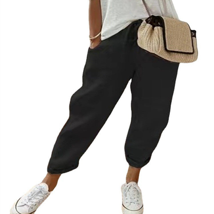 Pantalon Décontracté en Coton et Lin pour Femme