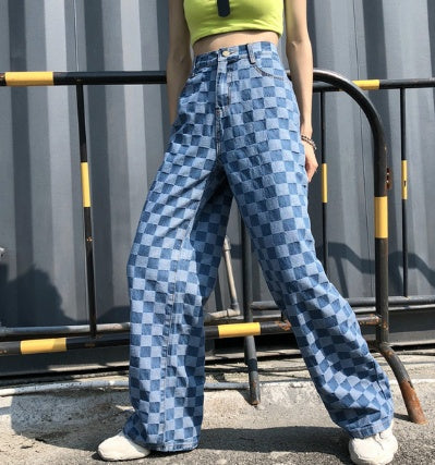 Keira – Pantalon à carreaux bleu à taille haute et jambe large
