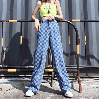 Keira – Pantalon à carreaux bleu à taille haute et jambe large