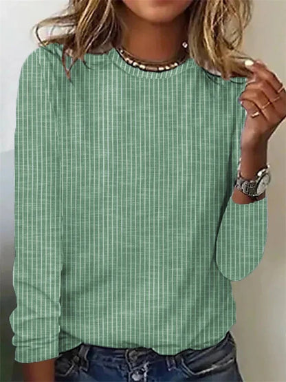 Loose Solid Color Striped Round Neck T-shirt For Women Green