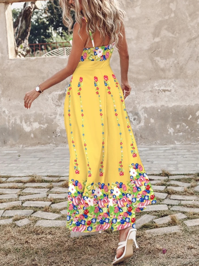 Robe a Col V et Longue Tropicale à Bretelles