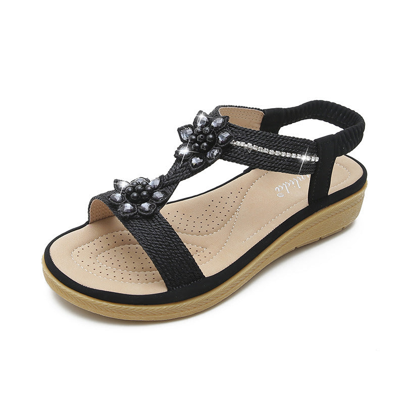 Sandales Bohème à Fleurs et Strass Noir