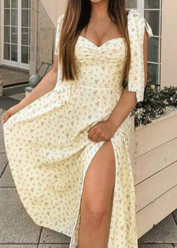 Robe longue été fleurie élégante femme Jaune