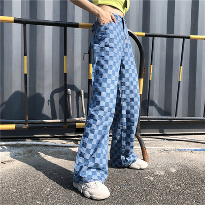 Keira – Pantalon à carreaux bleu à taille haute et jambe large