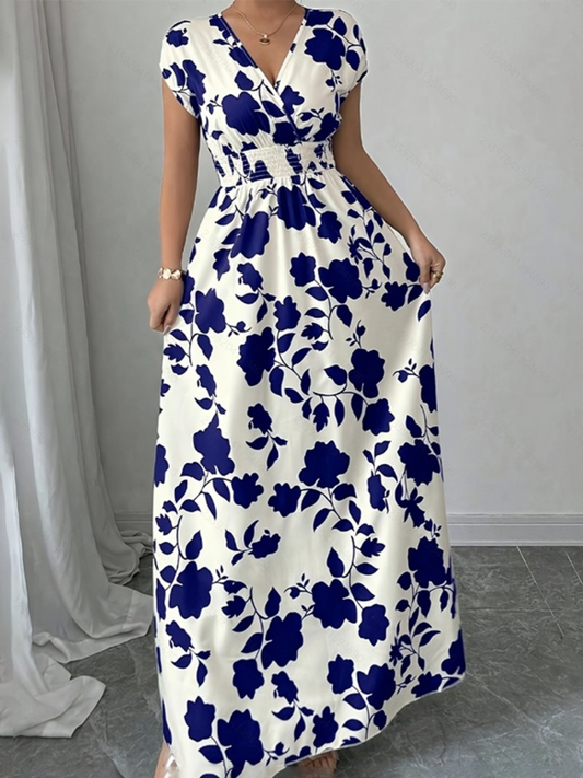 Robe Longue Élégante d’Été Col V Cache-Cœur