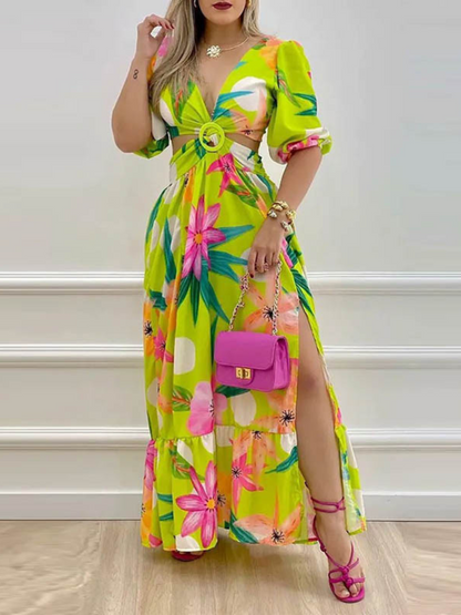 Robe Longue Bohème Decorative Col V Fendu