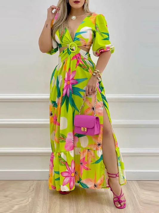 Robe Longue Bohème Decorative Col V Fendu