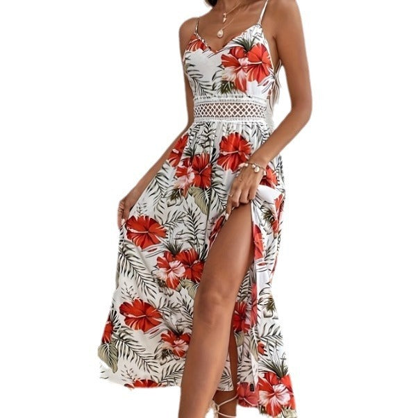 Robe Imprimée Décolletée avec Dentelle & Fente