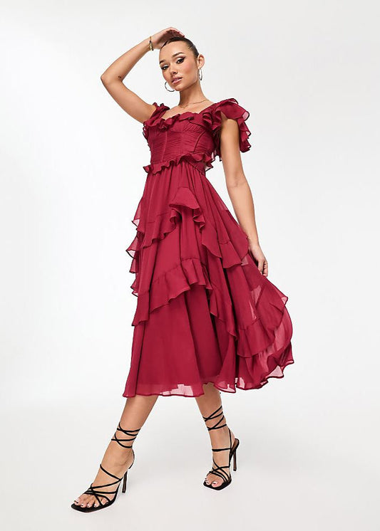 Robe longue rouge à volants élégante Vin rouge