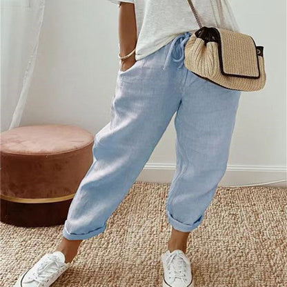 Pantalon Décontracté en Coton et Lin pour Femme