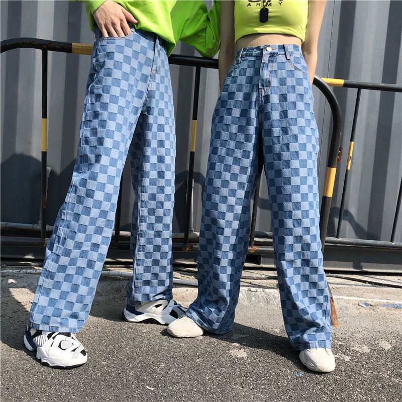 Keira – Pantalon à carreaux bleu à taille haute et jambe large