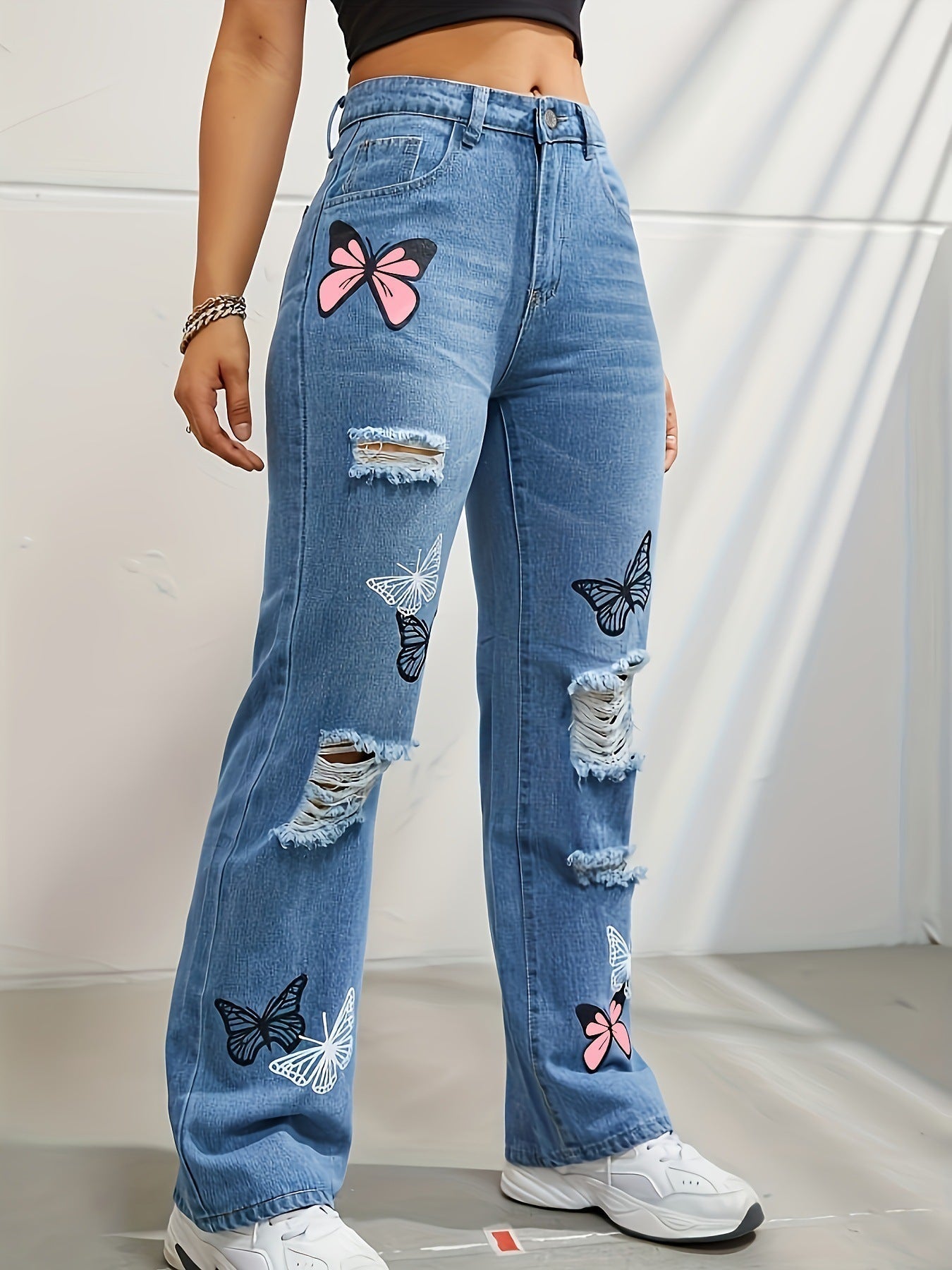 Jean Taille Haute à Imprimé Papillon &amp; Effet Usé