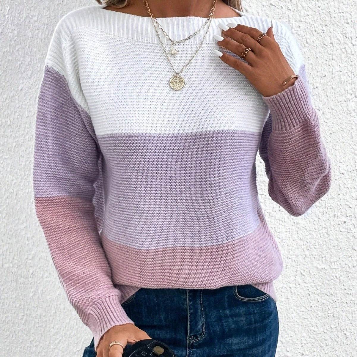 Pull Tricoté à Col Rond avec Détails en Tricot pour Femme