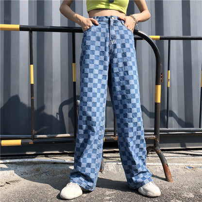 Keira – Pantalon à carreaux bleu à taille haute et jambe large