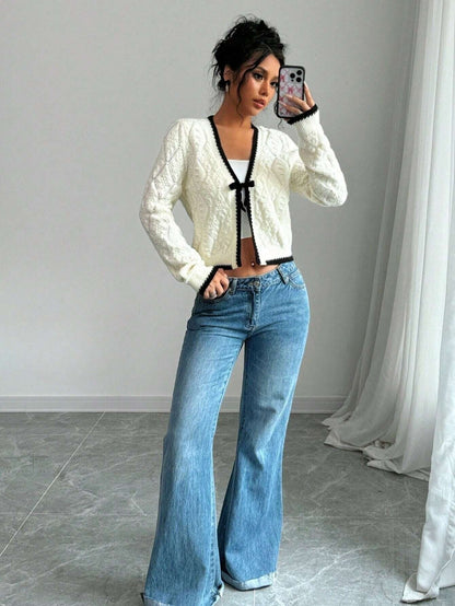 Veste Tricotée Décontractée à Nœud Élégant