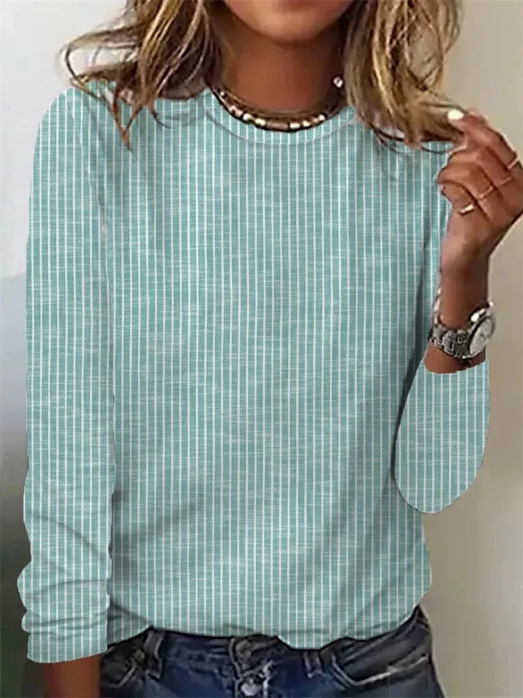 Loose Solid Color Striped Round Neck T-shirt For Women Cyan