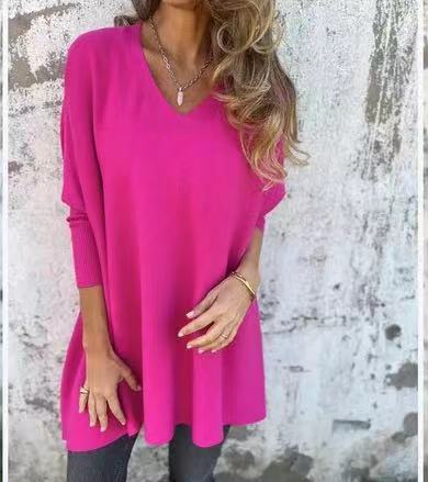 Chemise Longue Tricotée à Manches Longues Rose Rouge