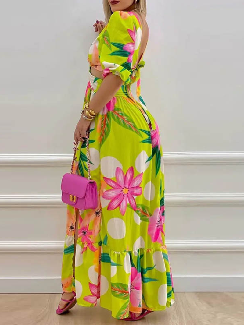 Robe Longue Bohème Decorative Col V Fendu