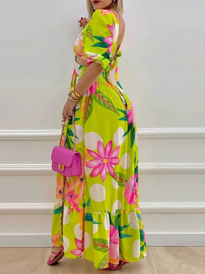 Robe Longue Bohème Decorative Col V Fendu