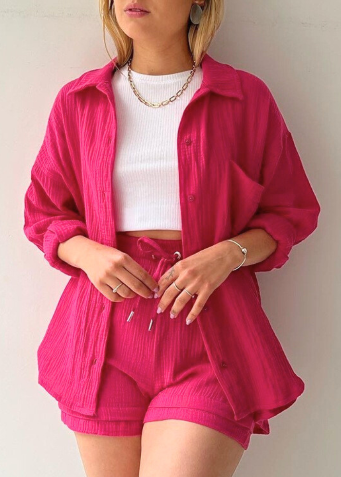 Chemise & Shorts Ensemble 2 pièces lin léger Rose Rouge