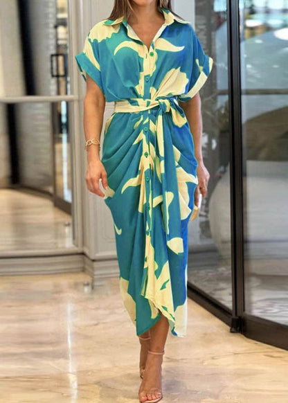 Robe chemise élégante imprimée ceinturée Bleu